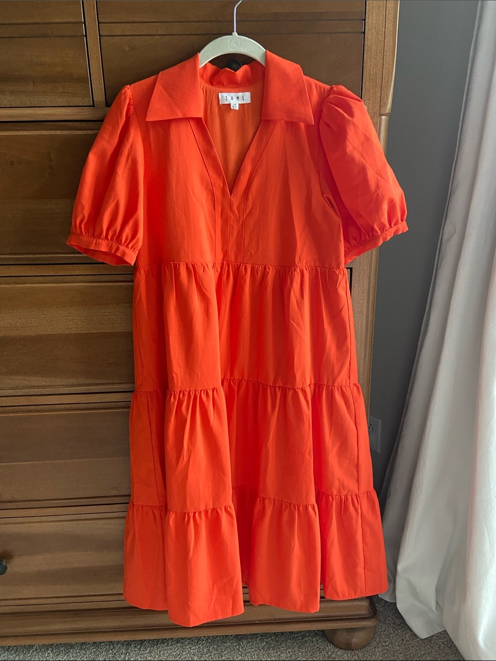 THML Vibrant Collared Tiered Puff-Sleeve Dress